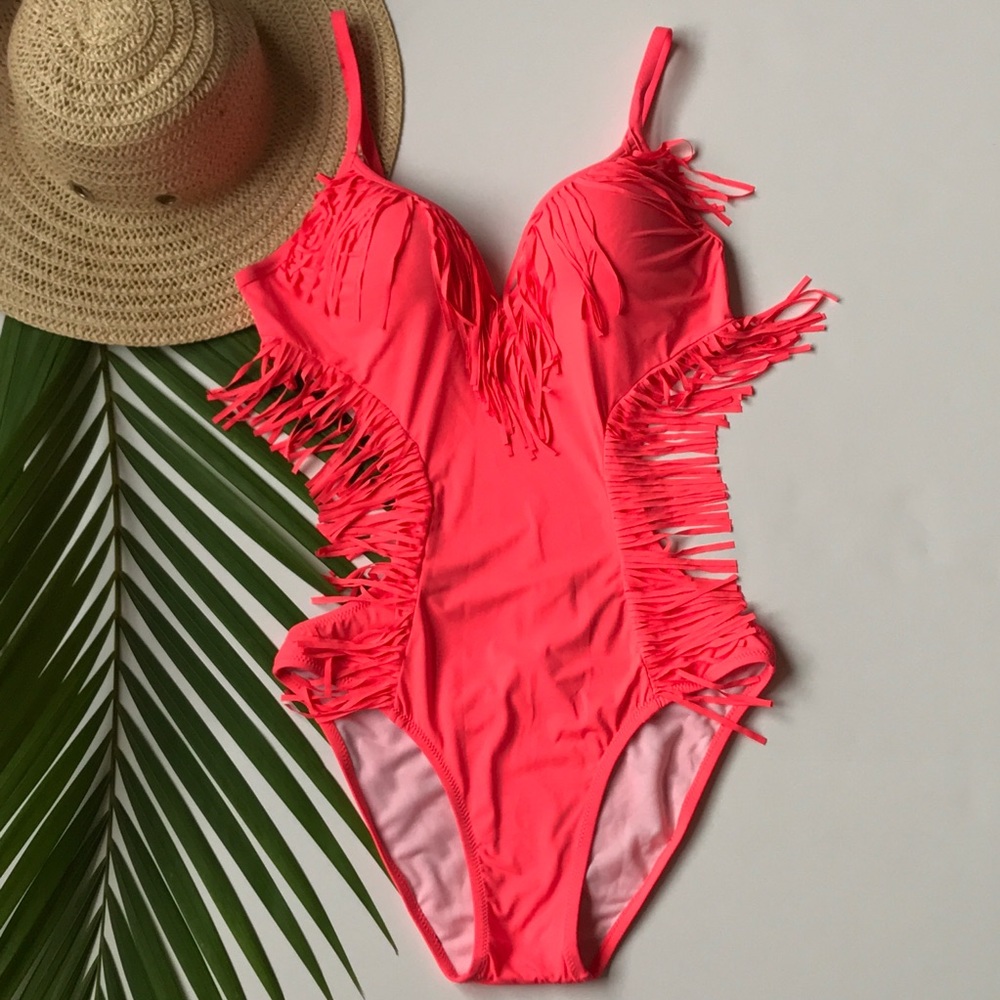Orange fringe one piece swimsuit bathingsuit